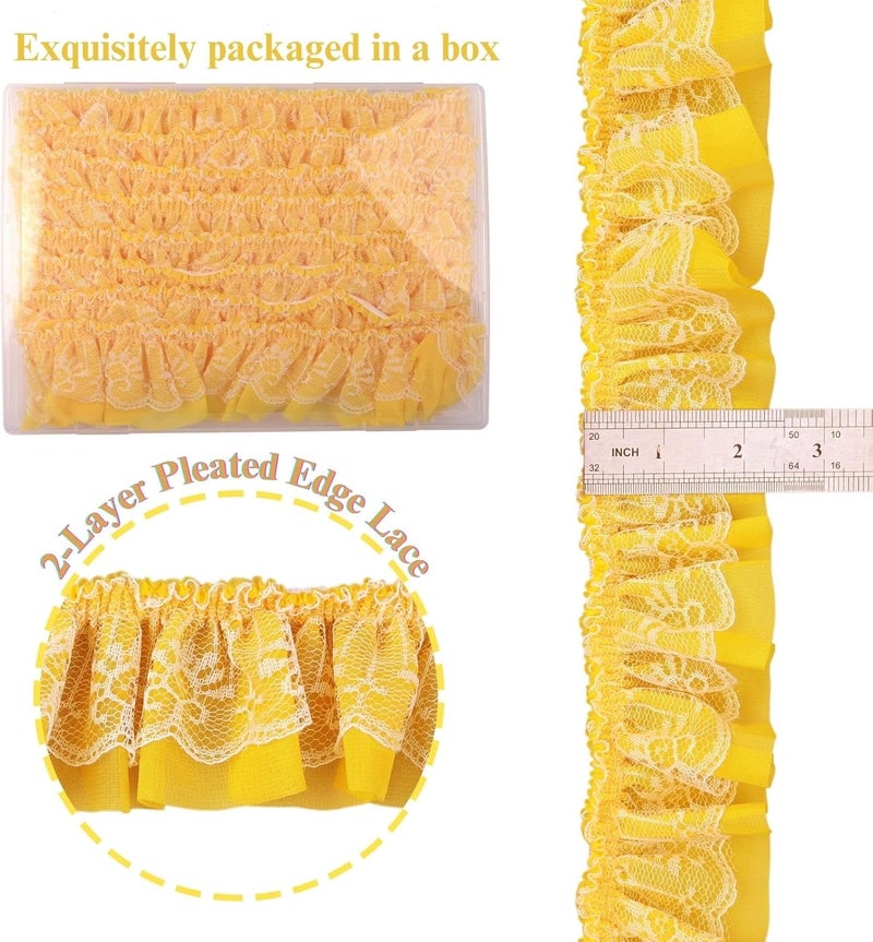 GXTIZAS Yellow Lace Ruffle Ribbon Double-Layer Pleated Chiffon 6cm Wide Lace Elastic Trim Wrinkle-Free Boxed for DIY Sewing, Clothing, Pillowcase Decoration(5yards) - Image 2